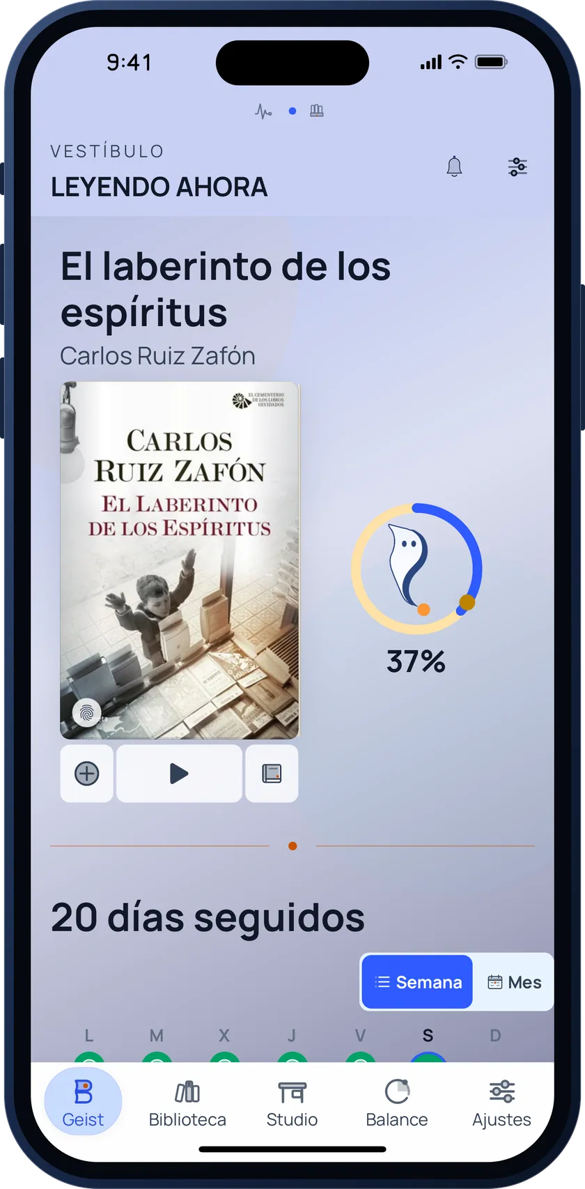 Bookgeist home variant with a circular progress ring and a 20-day reading streak