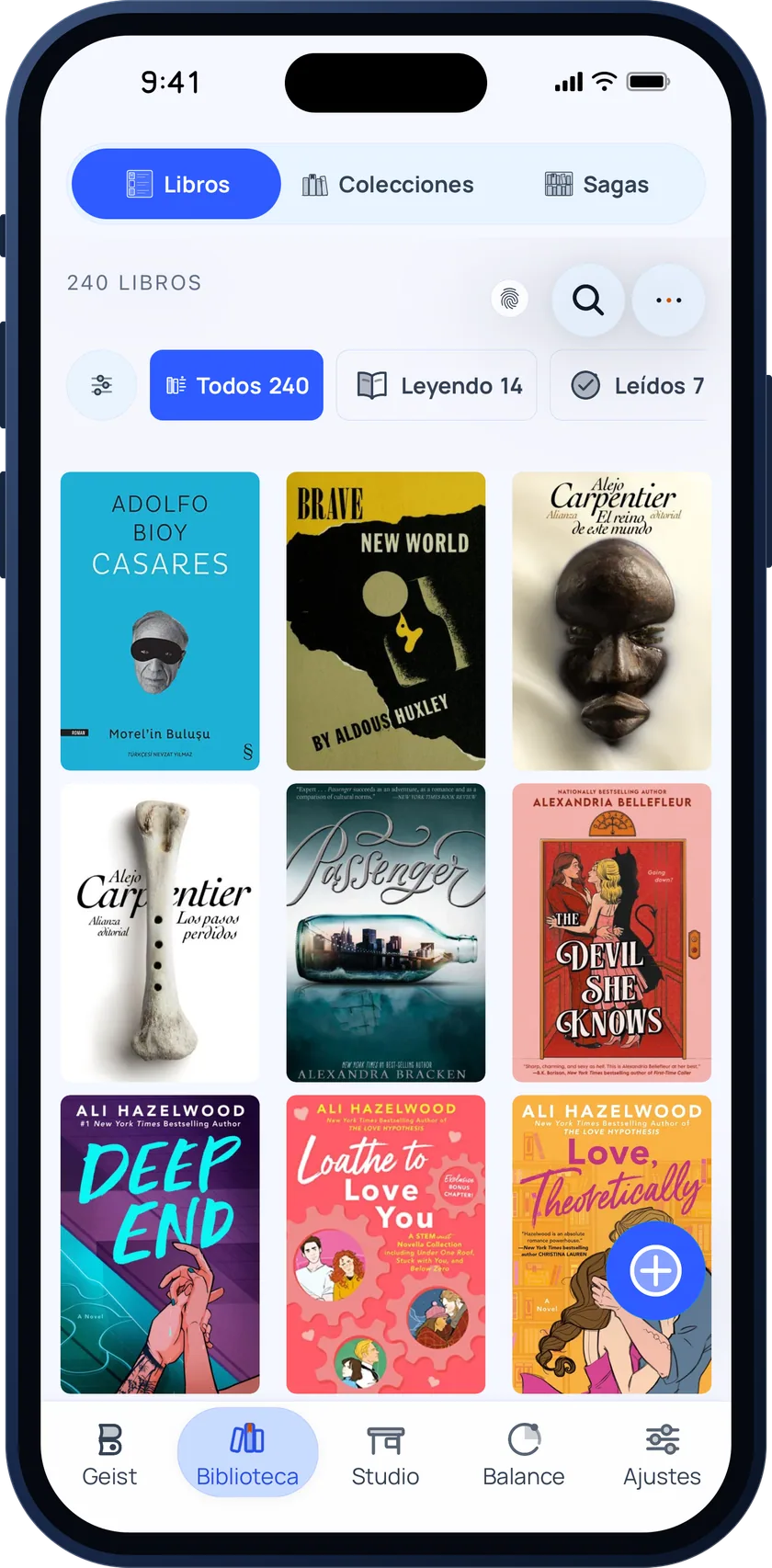 Bookgeist library grid with 240 book covers and filters for all, reading and read