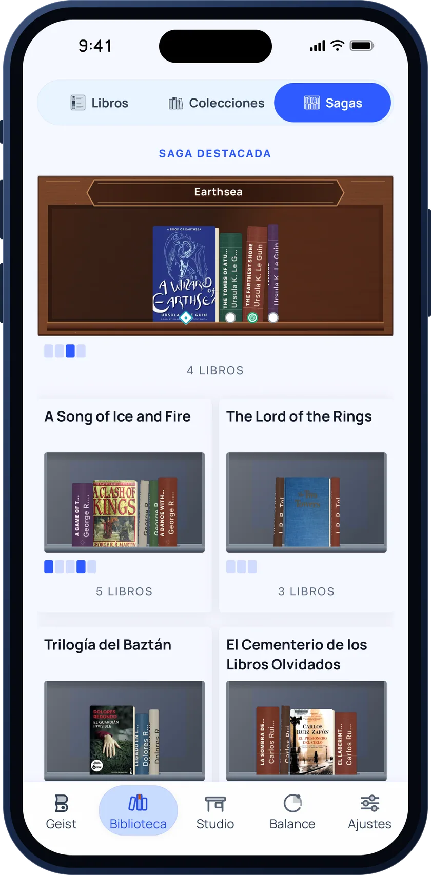 Bookgeist sagas view with a featured saga shelf and the progress of each series