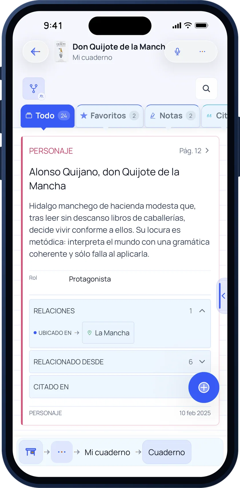 Bookgeist notebook for Don Quixote with a character card, its role and relationships