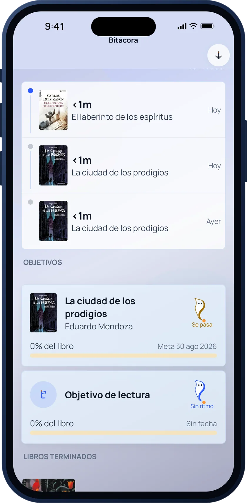 Bookgeist reading log with the latest sessions per book and the active reading goals