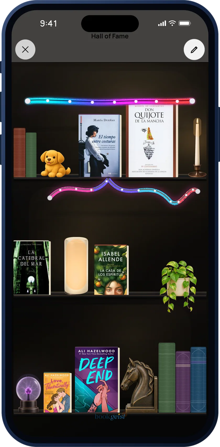 Bookgeist Hall of Fame: a decorated shelf with favourite books, neon lights, a lamp and a plant